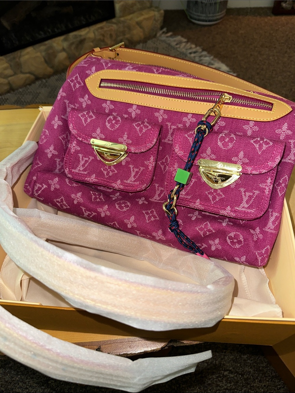 Louis Vuitton Fuchsia Monogram Denim Shoulder Bag with Gold Hardware
